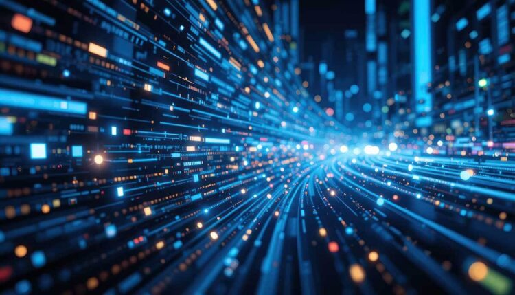 Abstract digital cityscape with glowing blue and orange light trails streaming forward, symbolizing high-speed data transfer, technology, and network connectivity.