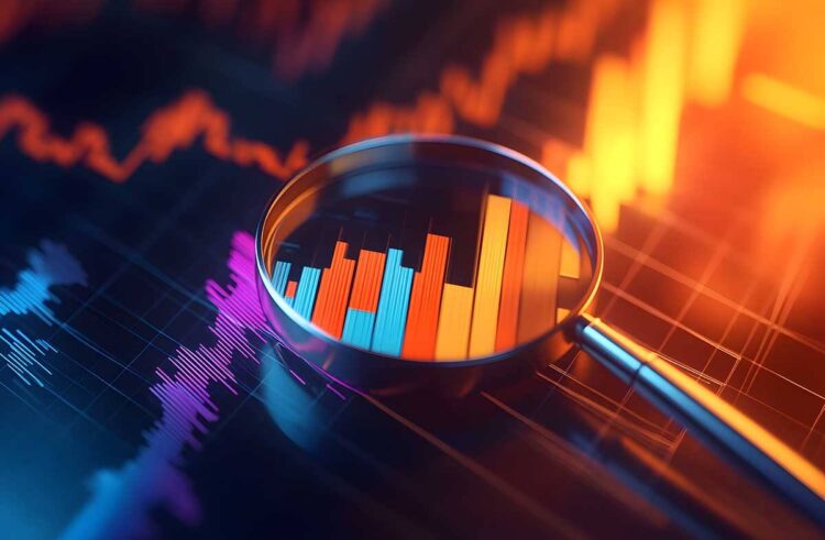 A magnifying glass placed over colorful bar charts and line graphs on a digital screen, symbolizing data analysis, financial review, and business insights.