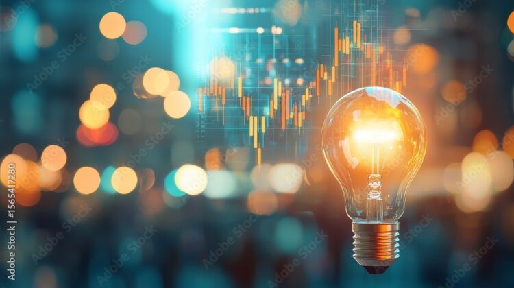 A glowing light bulb in focus against a blurred city background with digital stock market graphs, symbolizing innovation, creativity, and data-driven insights.