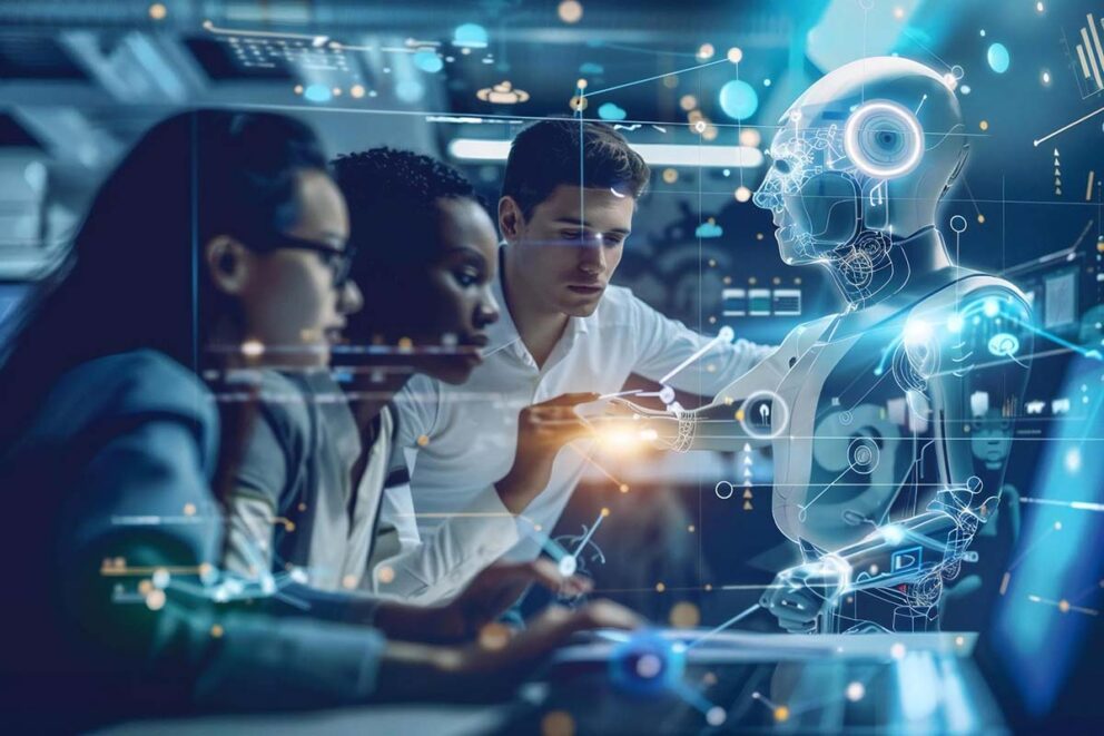 Researchers analyze and program a humanoid robot with transparent digital overlays in an advanced technology lab.