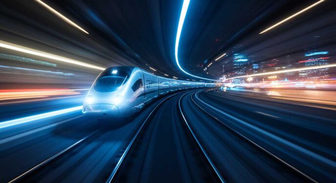 A high-speed train traveling along curved tracks at night, with motion blur and city lights creating a sense of speed.