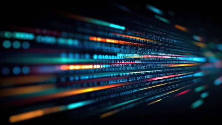 Flowing lines of digital code representing fast data transfer and processing.