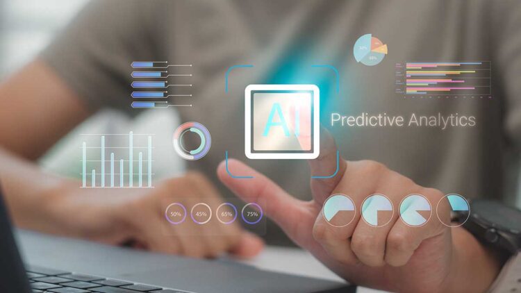 AI predictive analytics interface displayed over a laptop, with charts, graphs, and performance metrics.