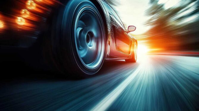 Close-up of a car driving at high speed on a road, with motion blur and light streaks.