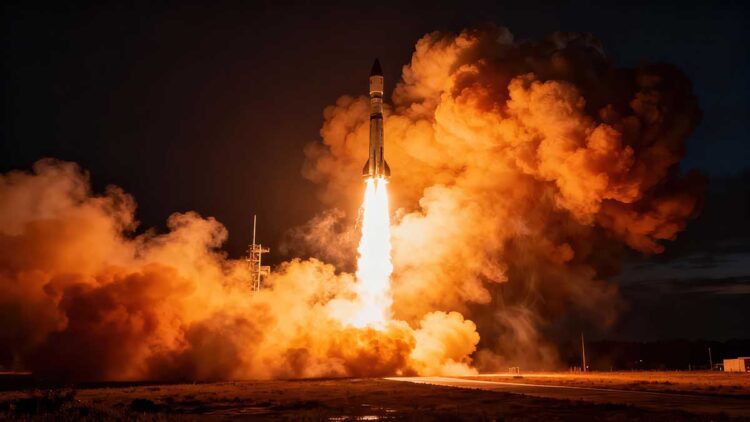 Rocket launching into the sky at night, surrounded by flames and smoke.