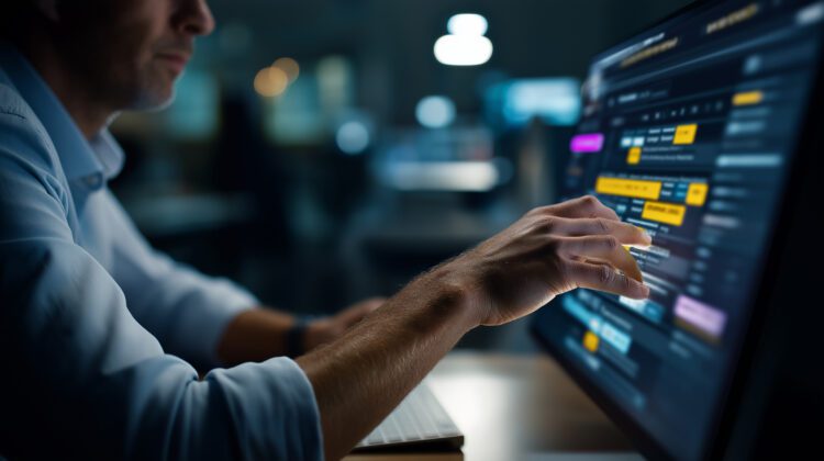 Professional using a data-driven software interface in a modern workspace.