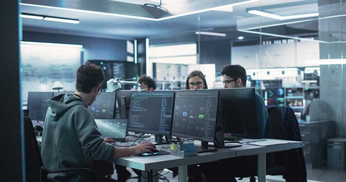 A group of software developers working at a shared desk in a modern office, focused on multiple computer monitors displaying lines of code.