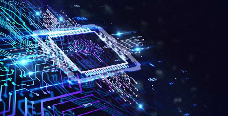 Illustrated microchip with glowing blue and purple circuit lines radiating outward, representing advanced computing, data processing, or artificial intelligence technology.