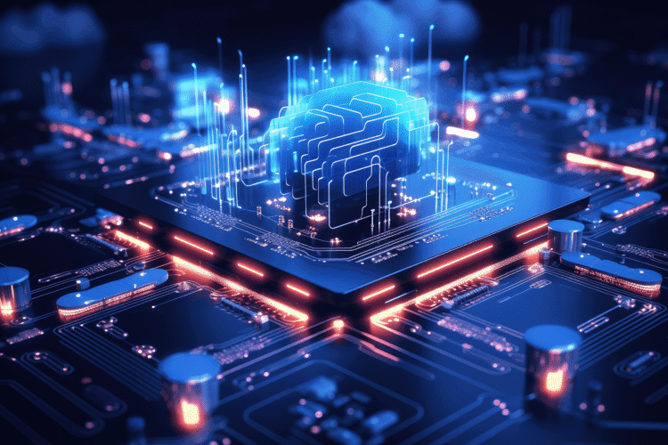 Futuristic glowing AI processor chip on a motherboard, with neon blue and pink circuitry and holographic data layers rising from the center.